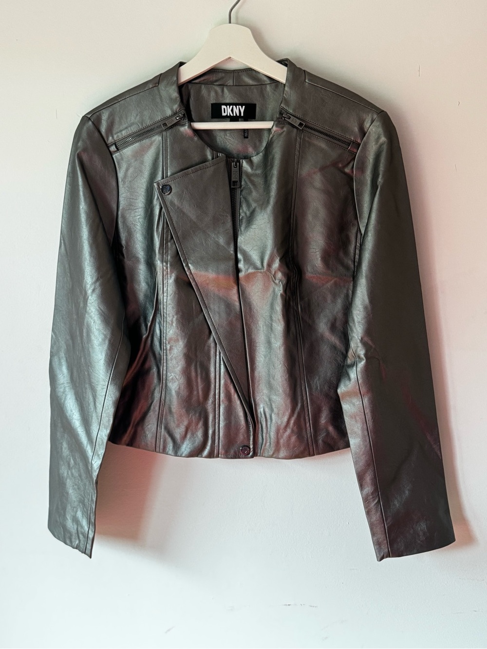 DKNY Metallic Grey Faux Leather Asymmetrical Zip Jacket Size Large NWT